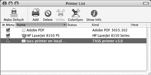 Нажмите кнопки Add, Continue. Принтер tass printer on localhost появится в списке доступных принтеров