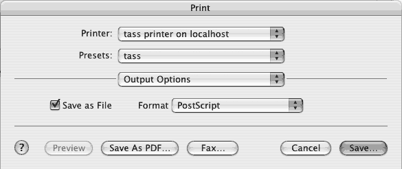 Настройку принтера удобно произвести при первой печати на него, например из QuarkXpress. В диалоге печати нажмите кнопку Printer.  Выберете 
