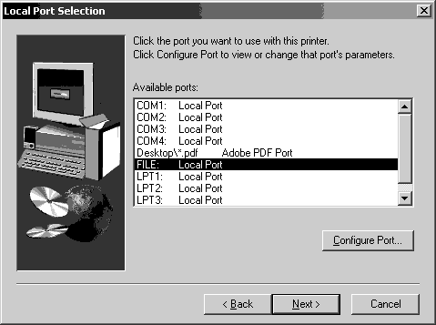 В качестве порта печати следует выбрать FILE: Creates a file on disk (печать в файл)