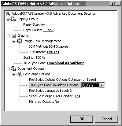 При работе в Win XP/2000: на закладке General нажмите Printing Preferences, далее нажмите Advanced. Для свойства True Type Font выберете Download as Softfont, для свойства True Type download option - Outline