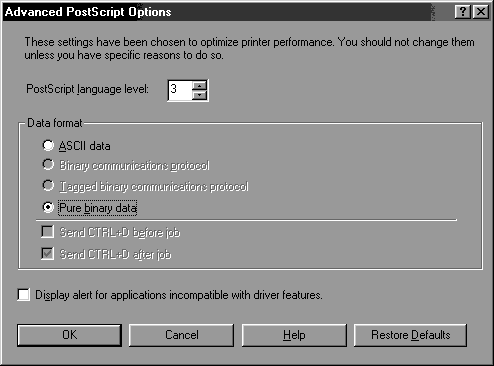 На закладке Postscript щелкните на кнопке Advanced и выберете формат посылаемых на принтер данных Binary: